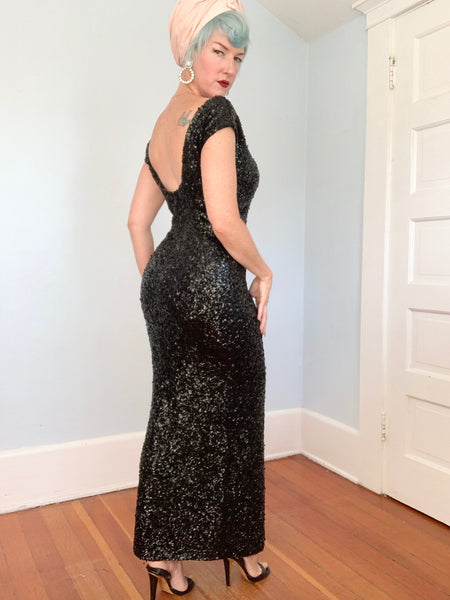 1960s Hand Sequined “Gene Shelly’s Boutique Internationale” Wool Knit Evening Gown
