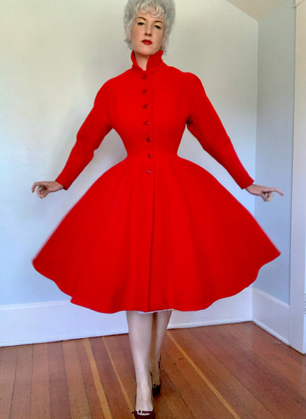 1950s Cherry Red Wool Princess Coat