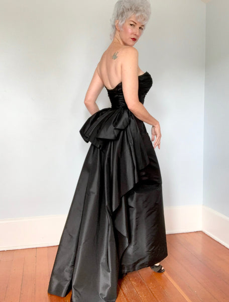 1950s Designer Custom Silk Strapless Evening Gown w/ Overskirt by “Estelle Allardale”