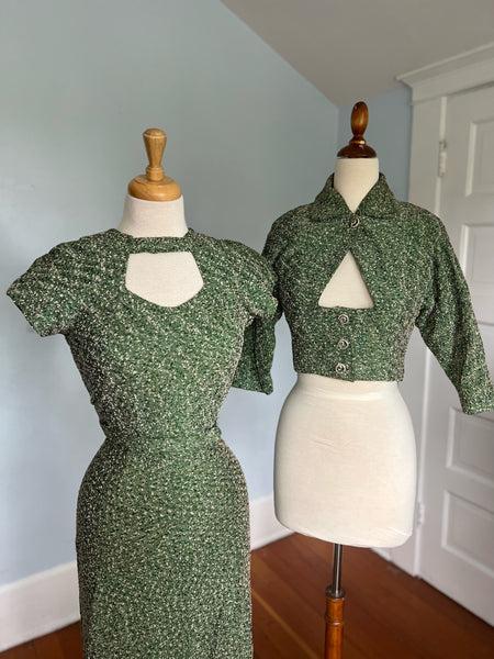 Deadstock Salesman’s Sample 1940s Rayon Boucle Knit 3 Piece Sweater Dress Set