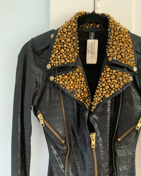Deadstock with Tags Vintage “Patricia Field” Faux Leather Metal Studded Biker Babe Bodysuit