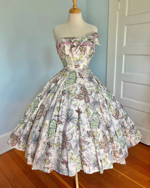 1950s “Lilli Diamond California” Cotton Butterfly Print Party Sundress