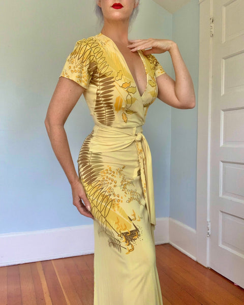 1940s Rayon Jersey Hawaiian Wrap Gown