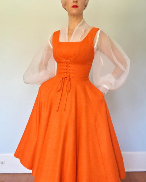 Gorgeous 1950s Pumpkin Orange Linen Pinafore Dress