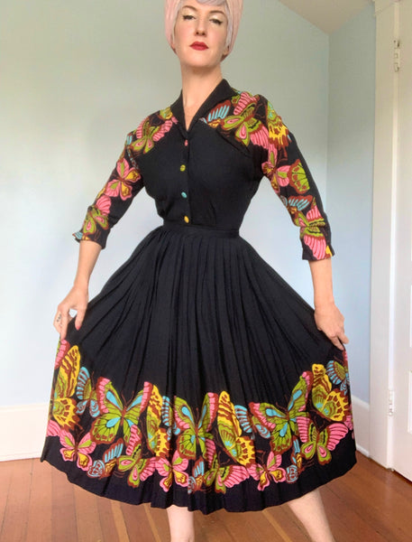 Gorgeous 1940s 2 Piece Linen Dress Set w/ Hand Printed Butterfly Border Print