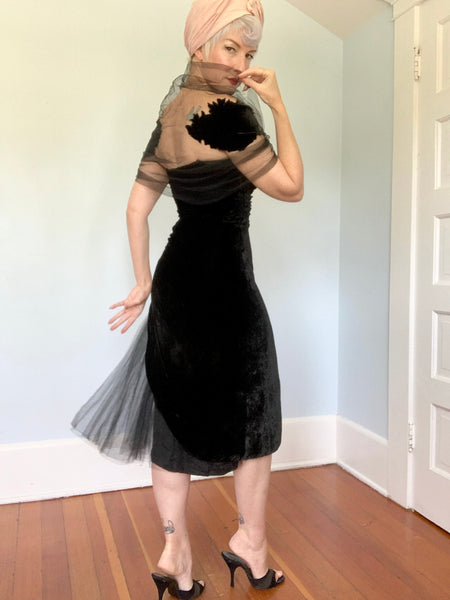 Bombshell 1940s Rayon Velvet Extreme Hourglass Cocktail Dress w/ Tulle Mesh Detailing & Attached Shawl