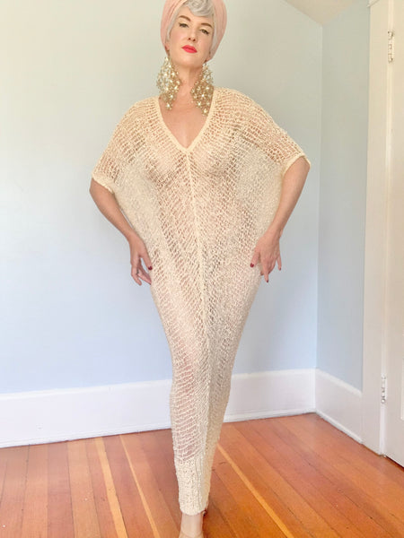 1980s Designer “Shebue” Hand Crochet Cocoon Maxi Dress