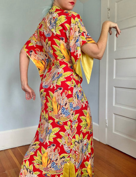 1940s Cold Rayon Hawaiian Pake Muu in Eugene Savage Print by “Kahana Manufacturing Co.”