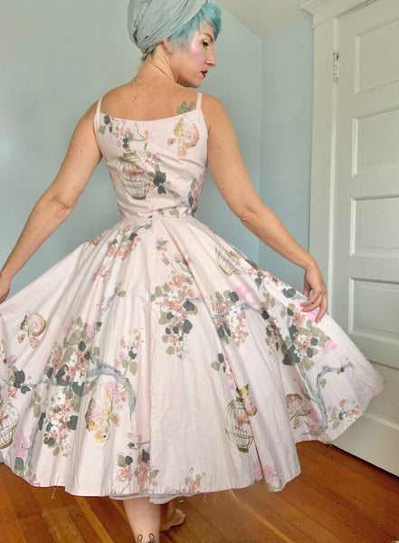 1950s Birdcages w/ Birds Novelty Print Cotton Sundress