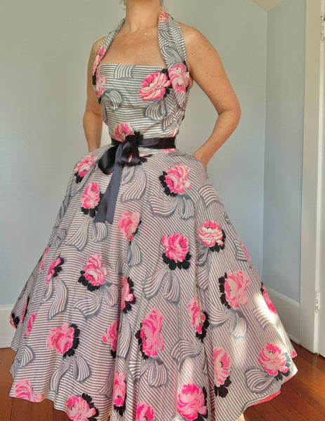 1950s Couture Custom Made Silk Halter Party Dress