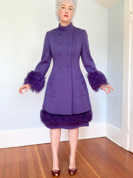 1960s Designer “Lilli Ann” 2 Piece Wool Cocktail Ensemble w/ Mongolian Lamb Trim