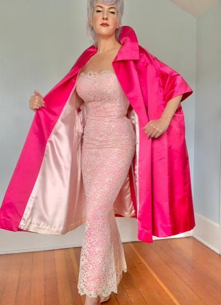 Couture 1950s Barbie Pink Silk Peau de Soie Extreme Trapeze Coat