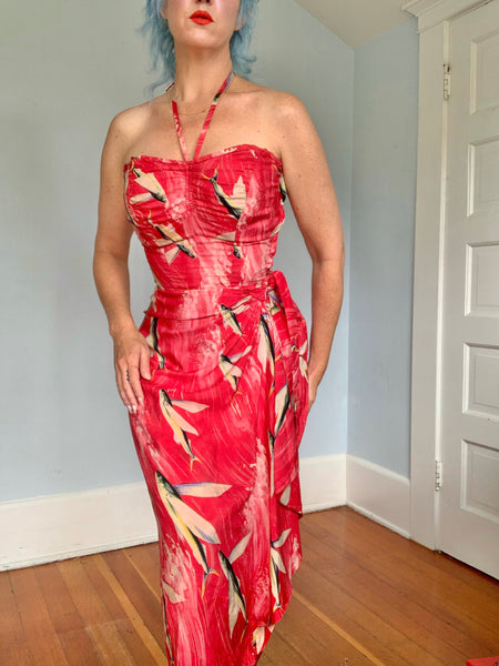Rare 1940s Custom Made Silk Hawaiian Sarong Dress w/ Flying Fish Print