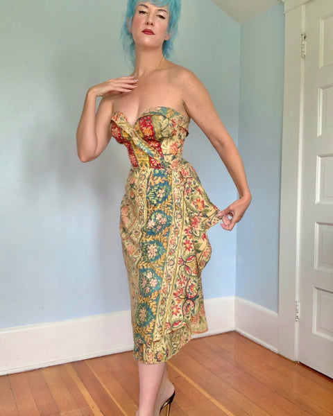1940s Hand Printed Indian Cotton Sarong Dress
