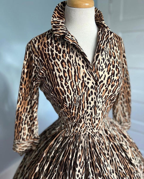 1950s “Parade of New York” Leopard Print Jersey Shirtwaist Dress