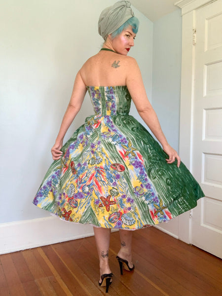 1950s “Miss Hawaii” Nylon Painted Ocean Sealife Print Halter Hawaiian Sundress