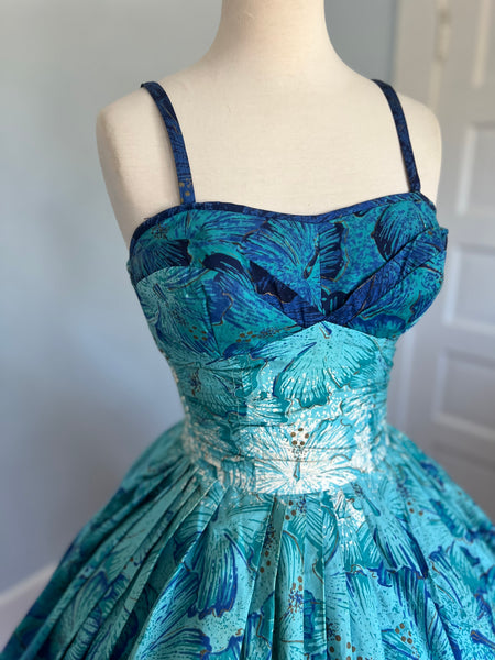 1950s “Alfred Shaheen” Ombré Blue Hand Printed Hibiscus Cotton Sundress