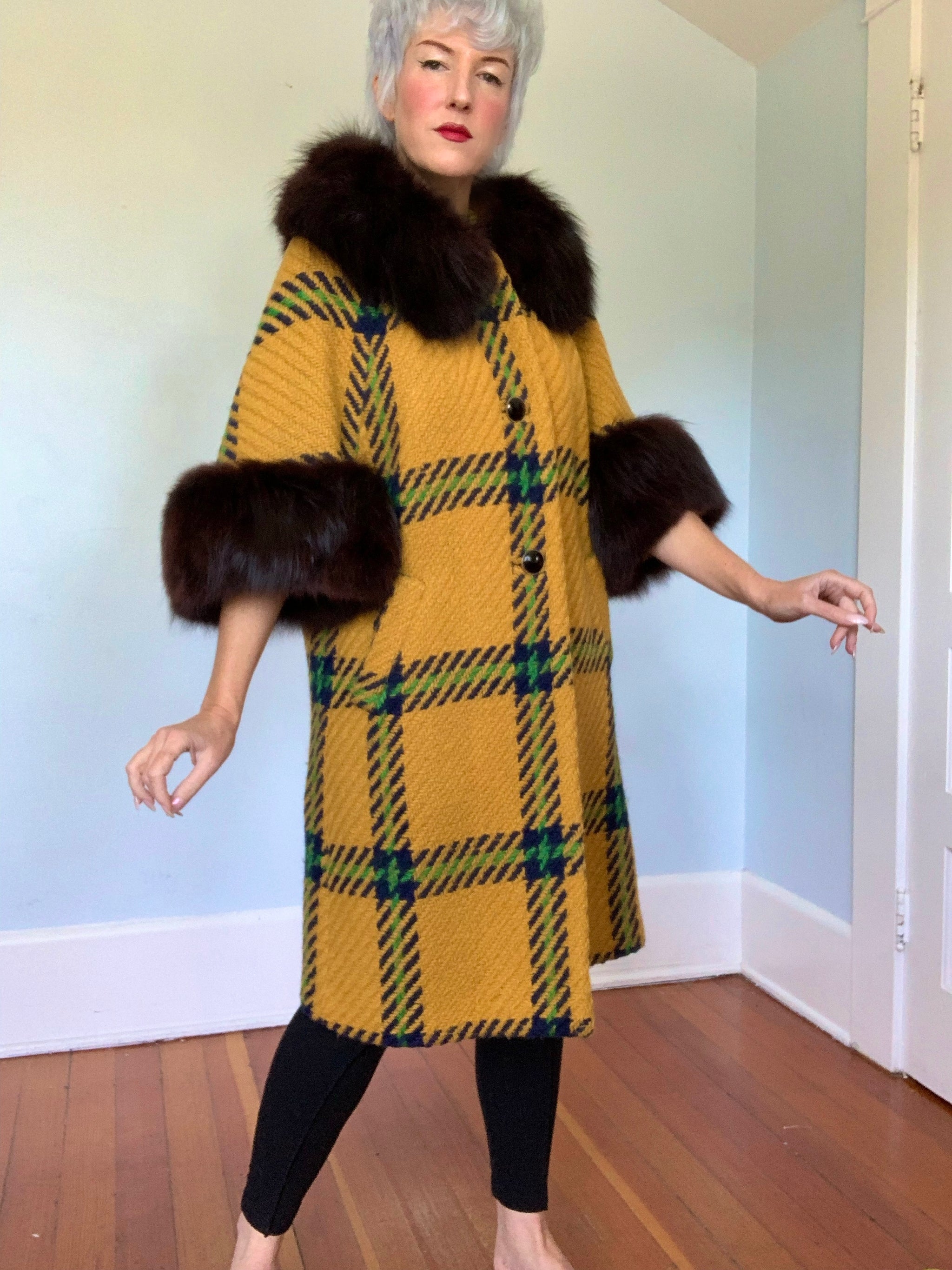 Late 1950s Woven Wool Oversized Plaid Dress Coat w/ Fox Fur 