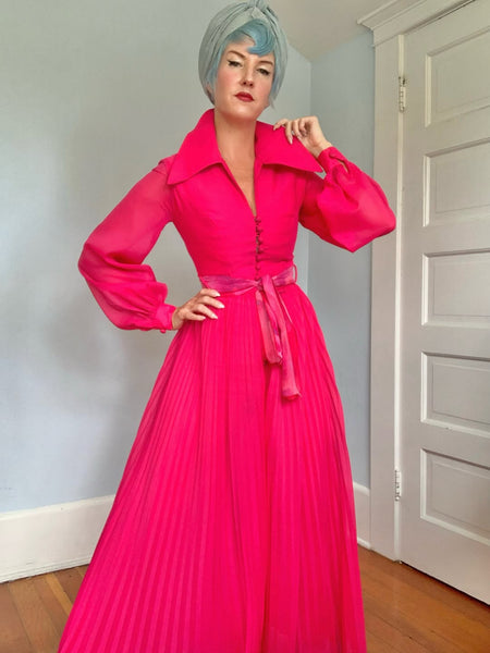 1960s Shocking Magenta Sheer Chiffon Over Satin Palazzo Jumpsuit