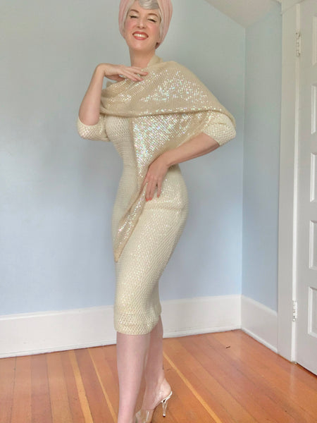 1960s “Gene Shelly’s Boutique Internationale” Hand Knit Sequined Cocktail Dress & Shawl