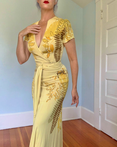 1940s Rayon Jersey Hawaiian Wrap Gown