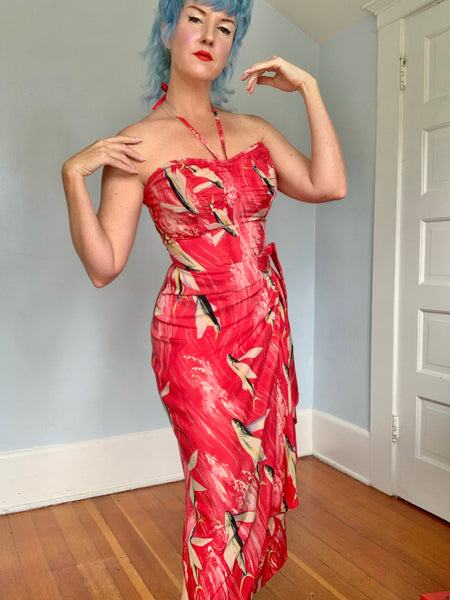 Rare 1940s Custom Made Silk Hawaiian Sarong Dress w/ Flying Fish Print