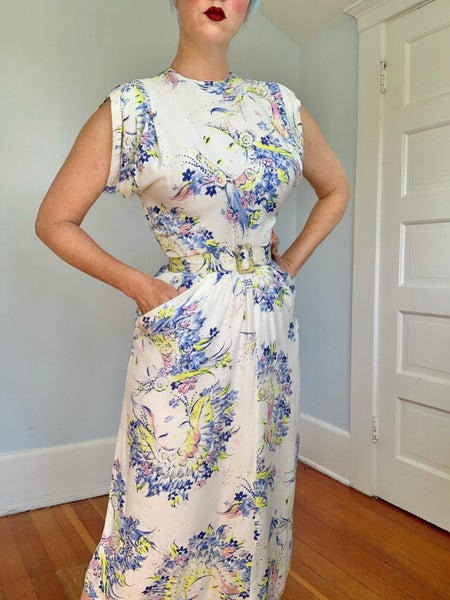 1940s Faces Novelty Print Cold Rayon Cocktail Dress