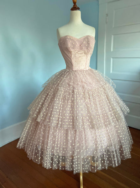 1950s Sheer Tulle w/ Flocked Velvet Polka Dots Tiered Strapless Party Dress