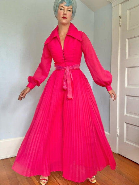 1960s Shocking Magenta Sheer Chiffon Over Satin Palazzo Jumpsuit