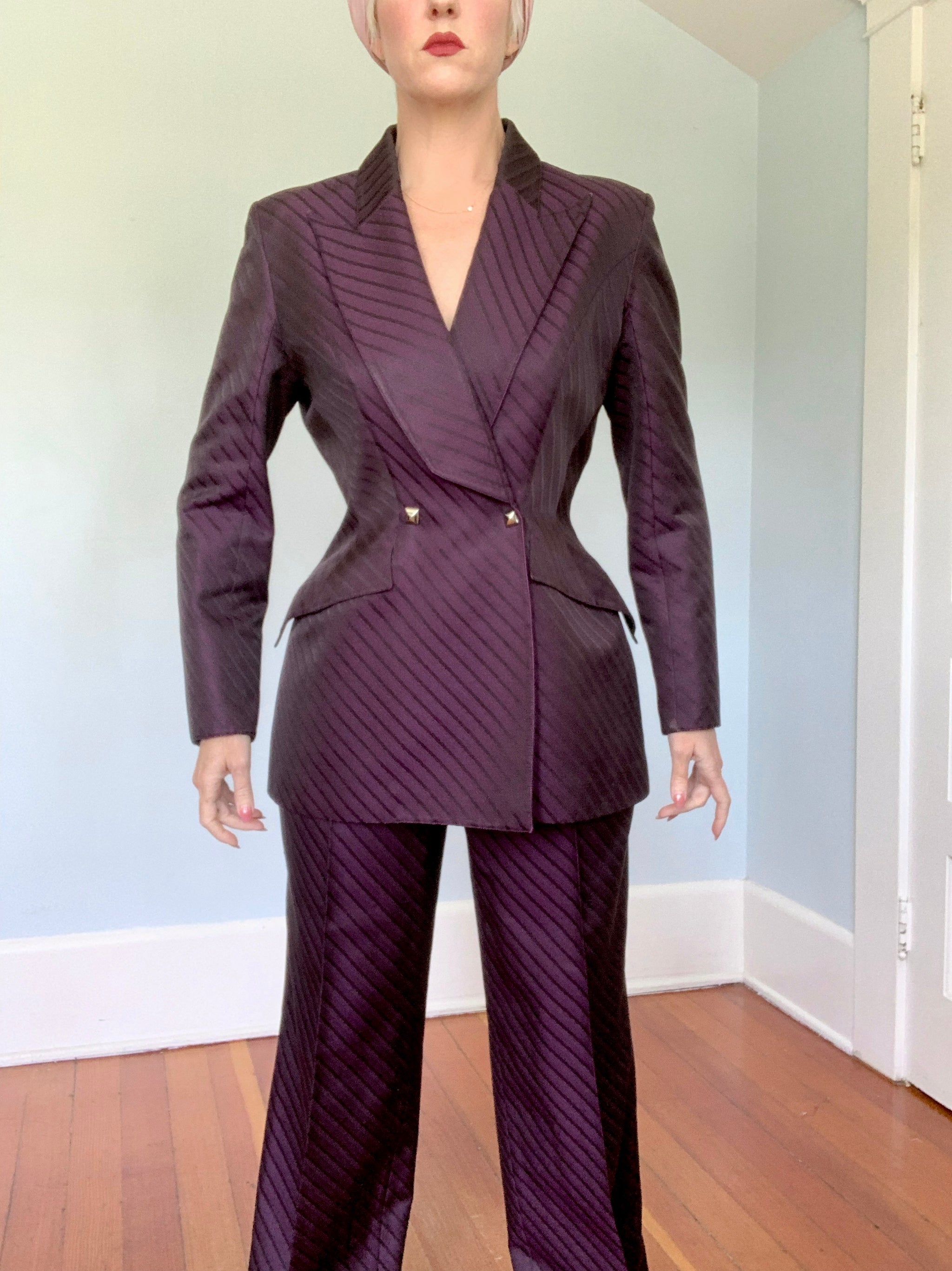 Thierry Mugler 紫黒テーラードジャケット Vintage 80s Thierry Mugler Purple Blazer Jacket Skirt Suit Set