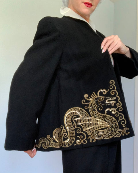 1940s Wool Sequined Hand Embellished ‘Sea Monster’ Cocktail Jacket