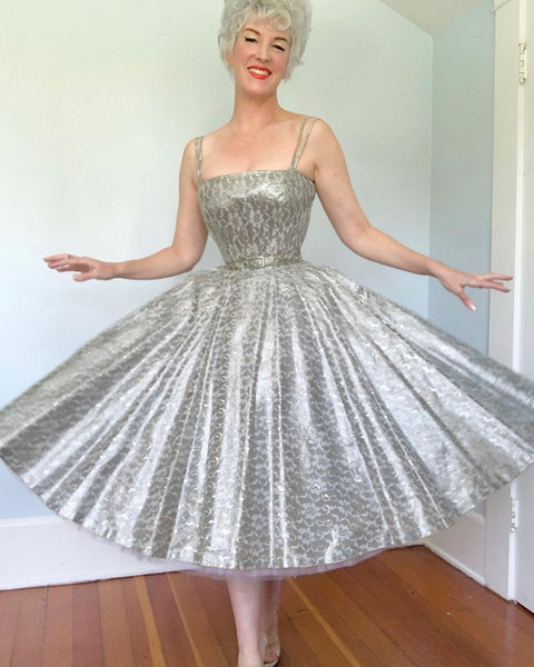 1950s Silver Lamé Lace Party Dress by “Jonathan Logan”