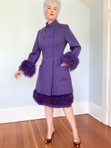 1960s Designer “Lilli Ann” 2 Piece Wool Cocktail Ensemble w/ Mongolian Lamb Trim