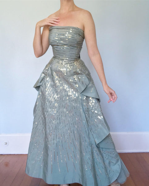 Late 1940s Custom Couture Silk Sequined Petal Gown Inspired by A/W 1949 Dior