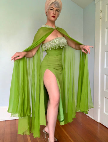 Custom Made 1960s Lime Green Silk Crepe 3 Piece Bombshell Evening Ensemble