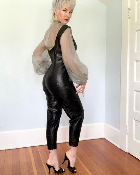 1950s Black Stretch Liquid Lamé Jumpsuit