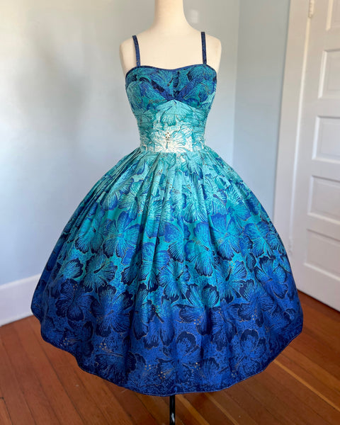 1950s “Alfred Shaheen” Ombré Blue Hand Printed Hibiscus Cotton Sundress
