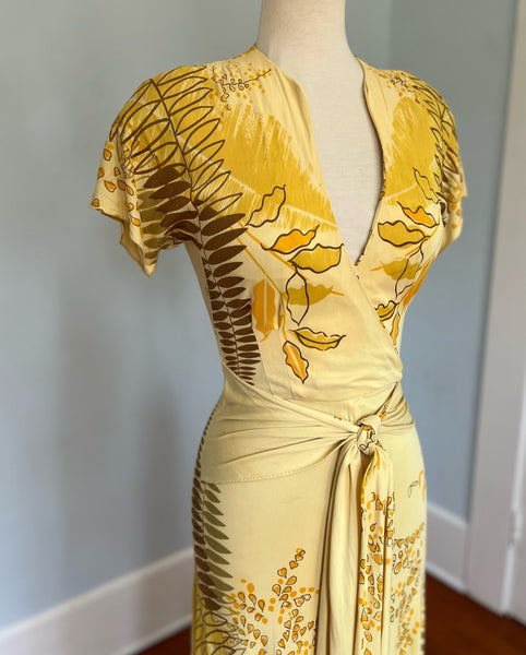 1940s Rayon Jersey Hawaiian Wrap Gown