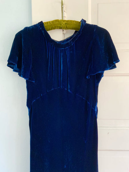 Custom 1930s Sapphire Silk Velvet Evening Gown
