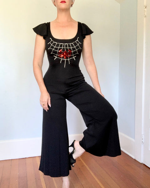 1970s “Young Innocent” Stretch Jersey Palazzo Pant Sequined Spiderweb Jumpsuit