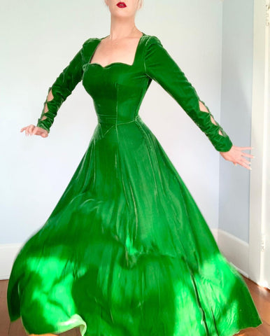 1940s Green Rayon Velvet Gown