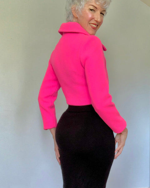 1960s Hot Pink Wool Cropped & Fitted Moto Jacket for “Marshall Field & Co.”