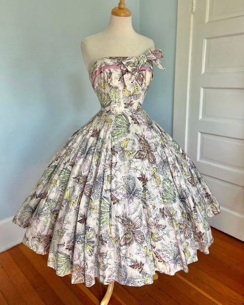 1950s “Lilli Diamond California” Cotton Butterfly Print Party Sundress