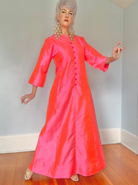 Magical 1960s Hottest Neon Pink Iridescent Thai Silk Caftan w/ Pockets