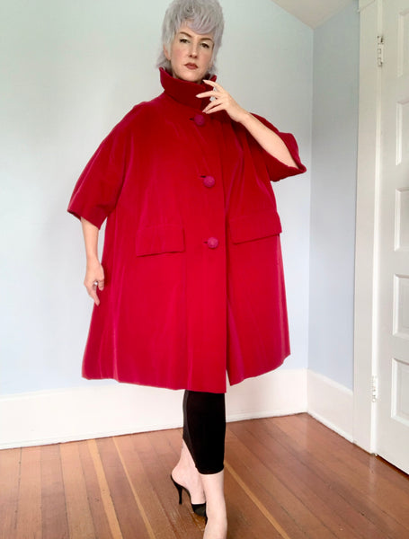 Couture 1950s "Bullock's Wilshire Wynshire" Crimson Red Cotton Velvet Extreme Trapeze Coat