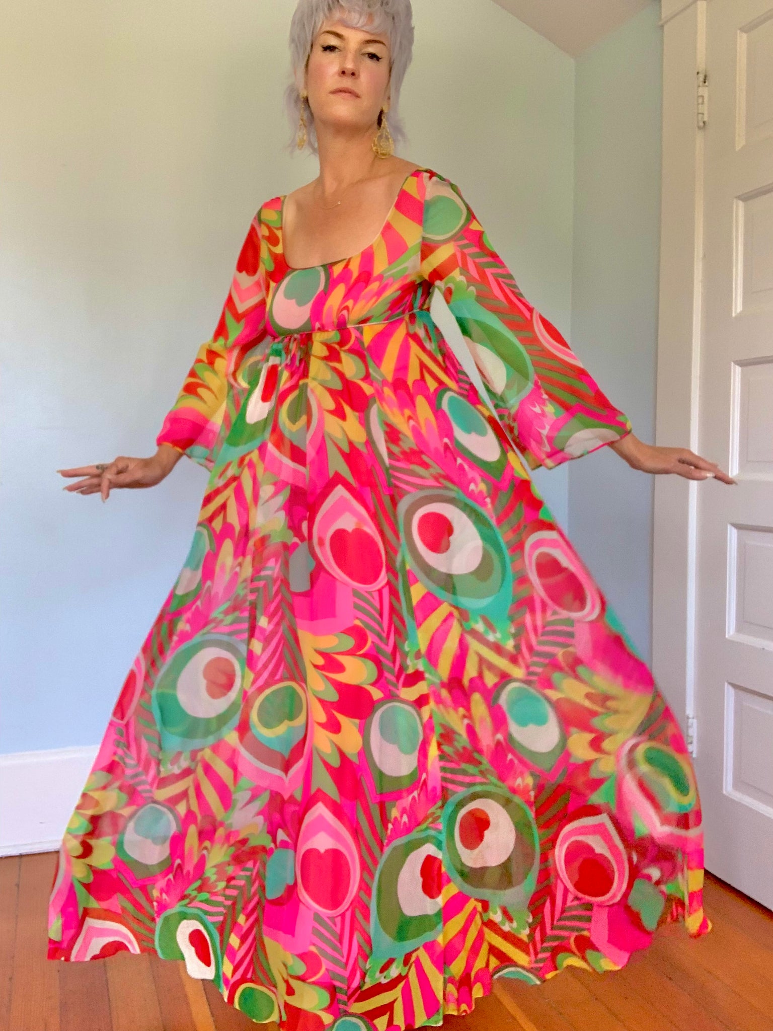 1960s Custom Made 2 Piece Silk Chiffon Psychedelic Evening Ensemble by “Gino Charles”