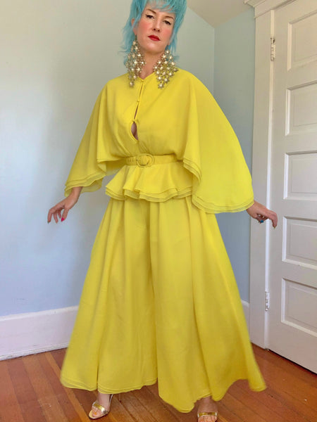 1960s “Calderón” Acid Chartreuse Yellow Crepe 3 Piece Ensemble