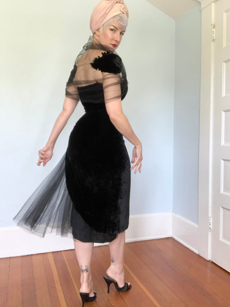 Bombshell 1940s Rayon Velvet Extreme Hourglass Cocktail Dress w/ Tulle Mesh Detailing & Attached Shawl