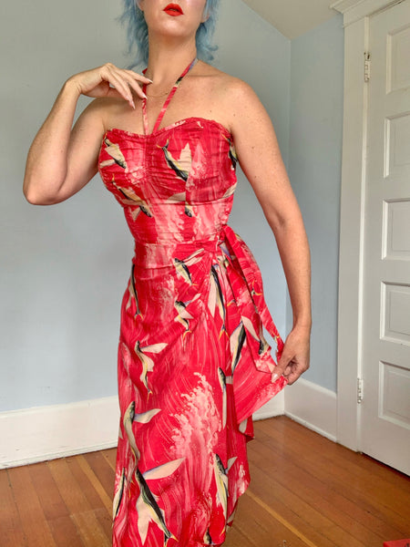 Rare 1940s Custom Made Silk Hawaiian Sarong Dress w/ Flying Fish Print