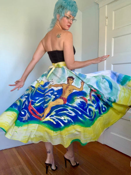 1950s Mexican Hand Painted Cotton Skirt w/ Water-Skiers
